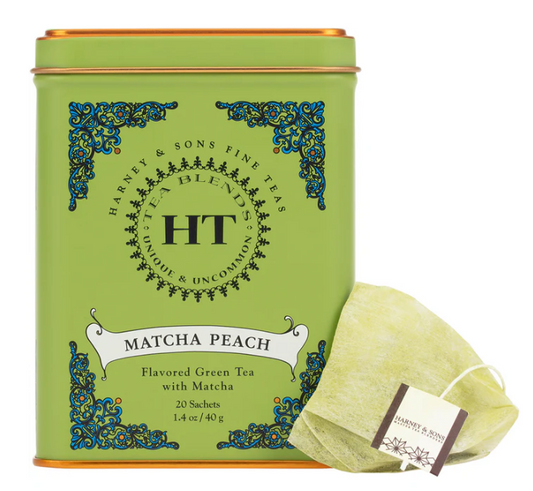 Harney and Sons Matcha Peach green tea tin with matcha and peach tea sachet