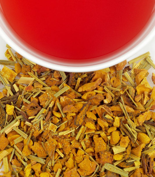 Ruby brewed Organic Ginger Turmeric herbal tea with ginger turmeric and lemongrass blend