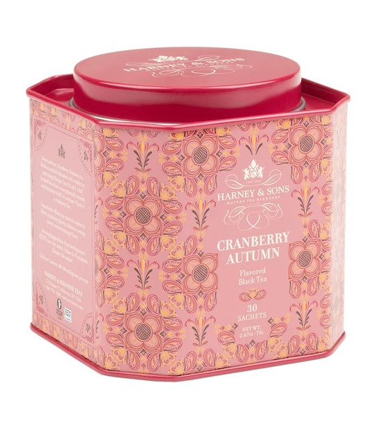 Harney and Sons Cranberry Autumn flavored black tea in decorative 30 sachet tin