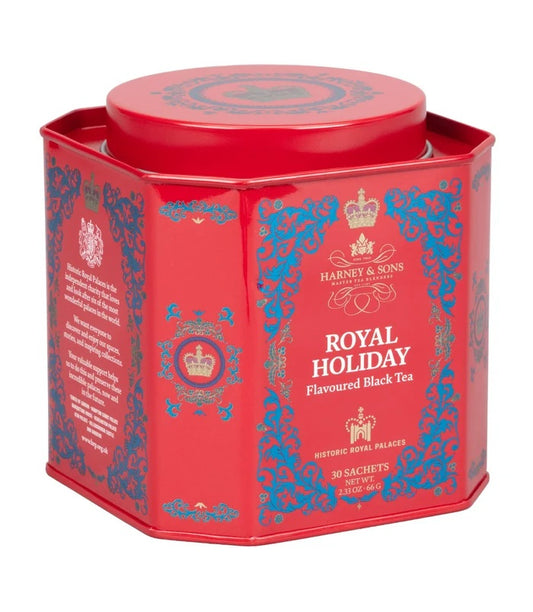 Harney and Sons Royal Holiday flavored black tea in red Historic Royal Palaces tin with 30 sachets
