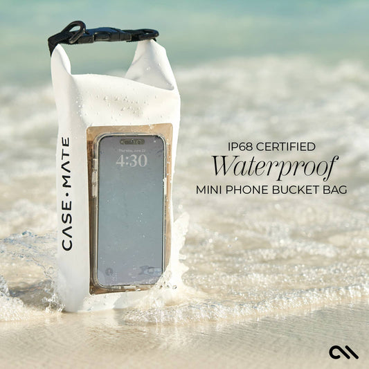 White Case-Mate waterproof phone bucket bag with black adjustable strap and touchscreen window