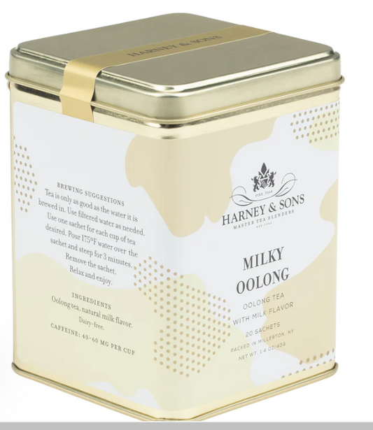 Harney and Sons Milky Oolong Tea tin with 20 dairy-free oolong tea sachets