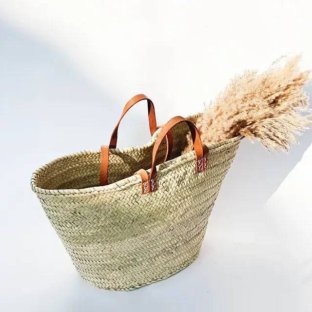 Handmade Straw Bag with Leather Handles, French Market Bag: Brown