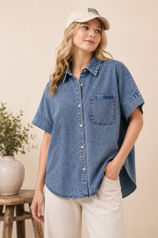 Mineral Washed Chambray Oversized Button Down Shirt