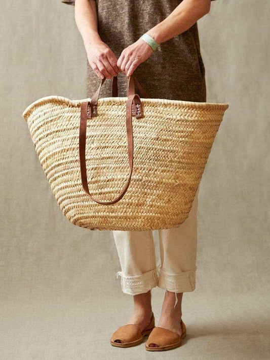 Handmade Straw Bag with Leather Handles, French Market Bag: Brown