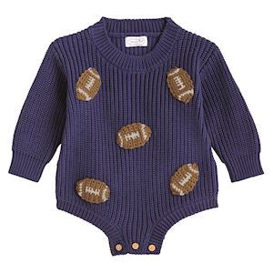 Mud Pie baby football sweater bubble navy cotton knit romper with crochet footballs 3-6 months