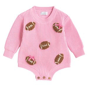 Mud Pie baby girl pink football sweater bubble with crochet footballs and bows 3-6 months