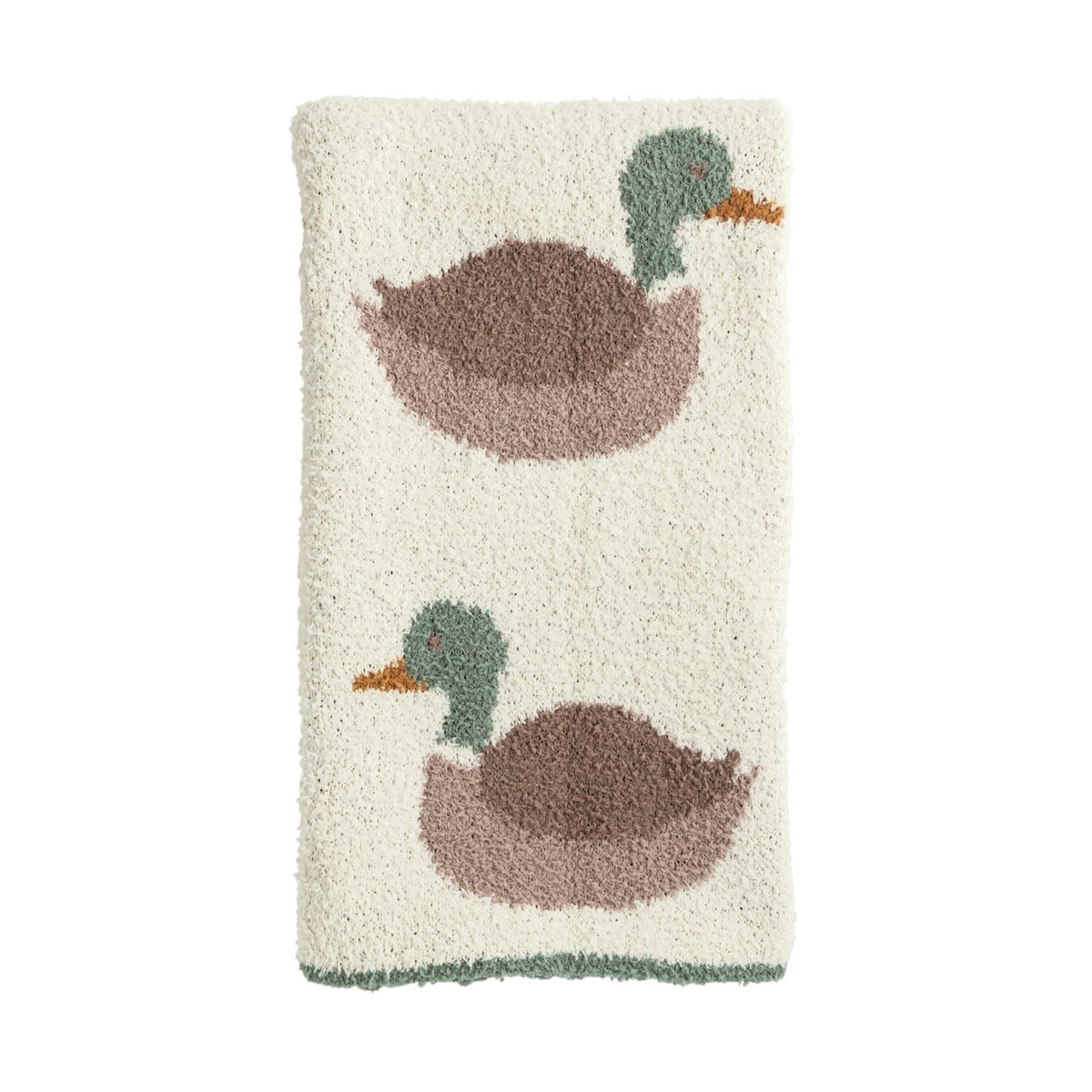 Mallard duck baby blanket in cream chenille with sage green and brown duck pattern for woodland hunting nursery