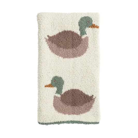 Mallard duck baby blanket in cream chenille with sage green and brown duck pattern for woodland hunting nursery