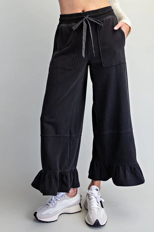 ee:some ash black wide leg pants with drawstring waist and ruffle hem