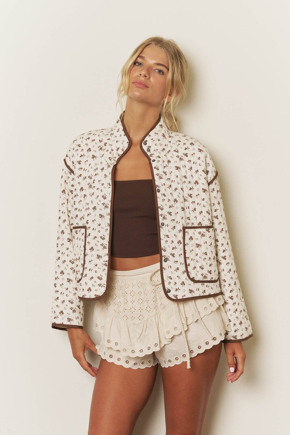 Women’s floral snap-front jacket with stand collar and long sleeves