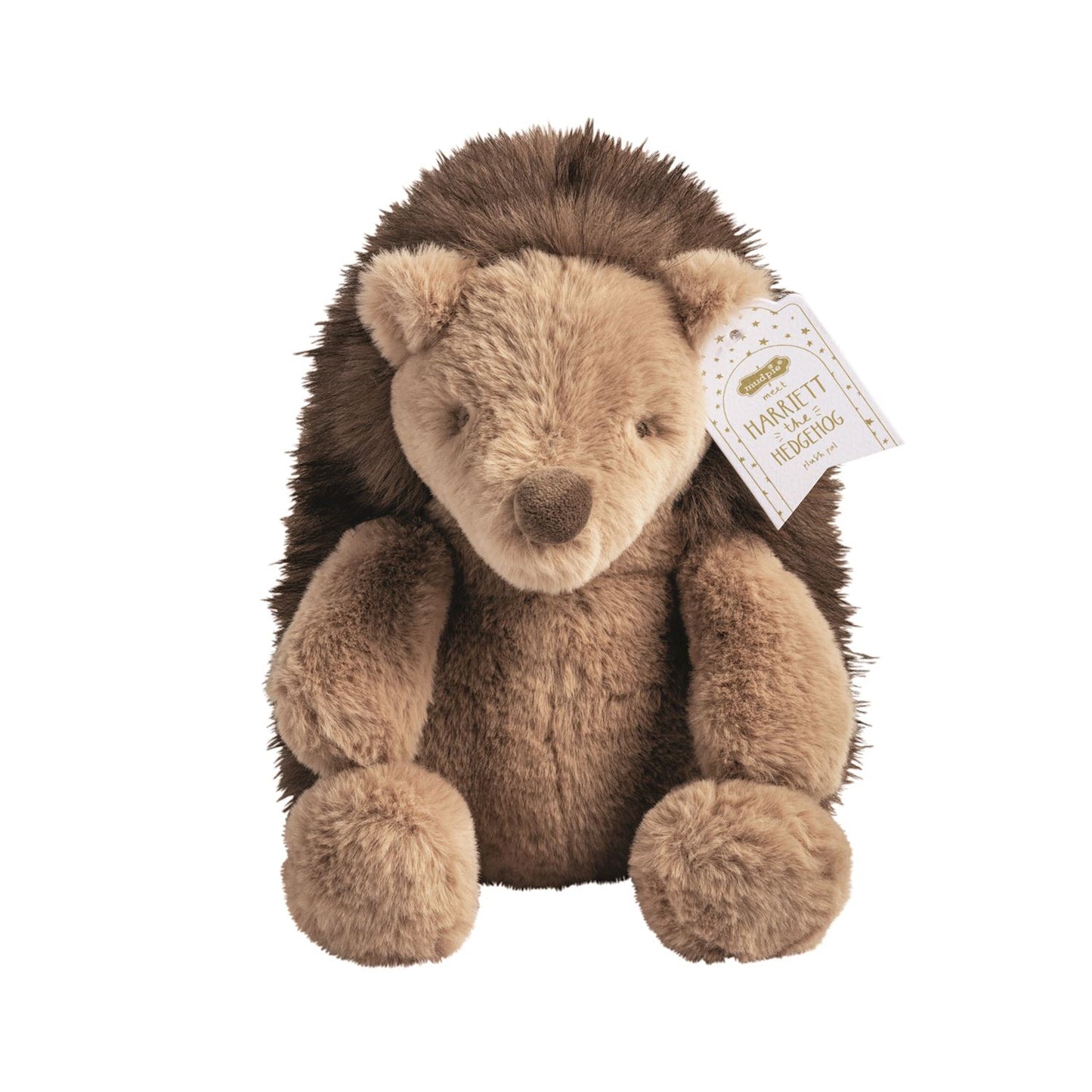 Mud Pie Harriett the Hedgehog 11 inch brown plush stuffed animal with soft shaggy fur and name tag
