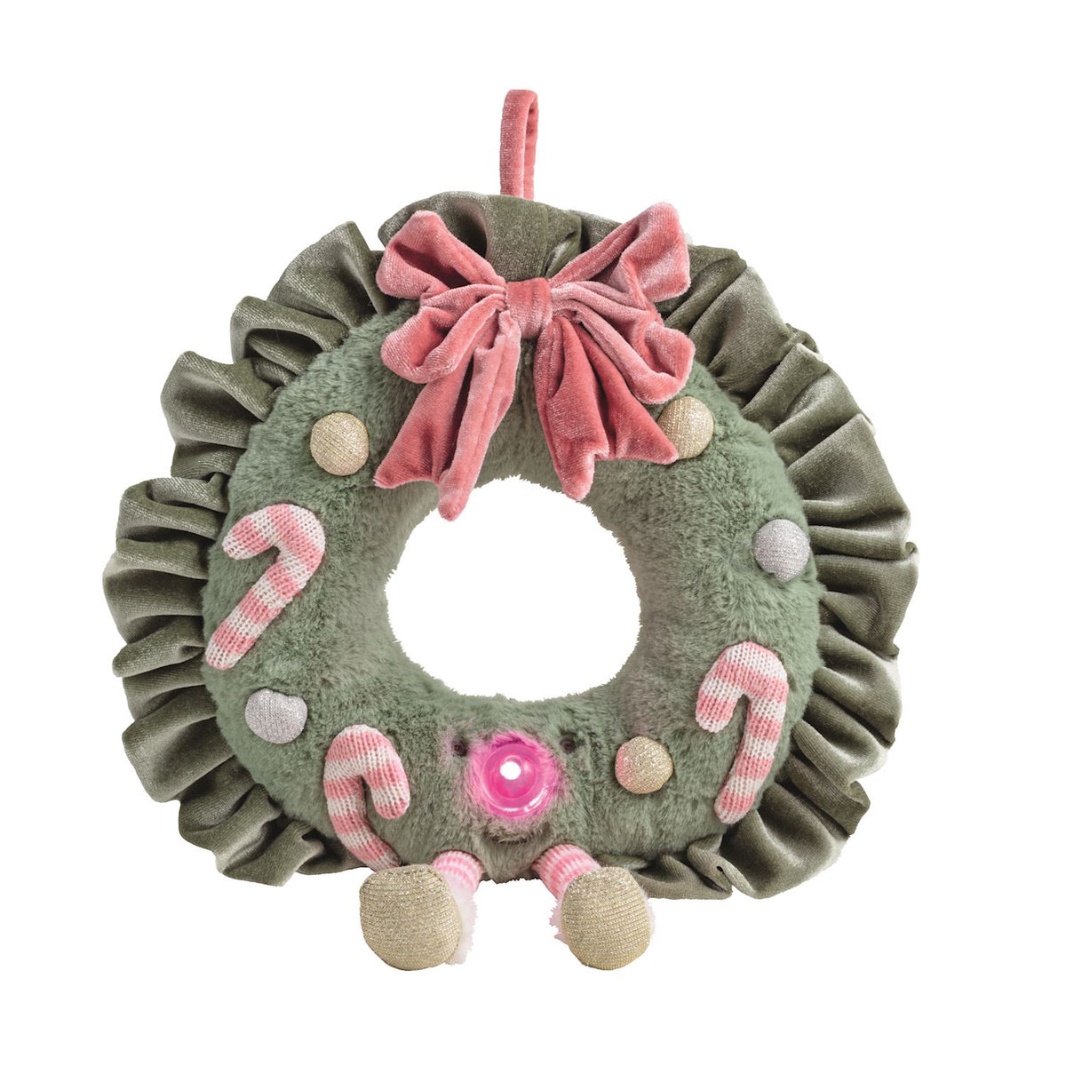 Mud Pie Tinsley Wreath Light-Up Christmas Plush Pal with sage green fur, pink bow, candy canes and glowing nose.