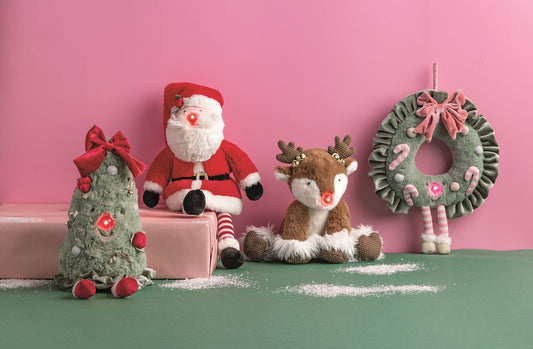 Mud Pie Tinsley Christmas wreath plush displayed with coordinating Santa, reindeer and Christmas tree plush pals.