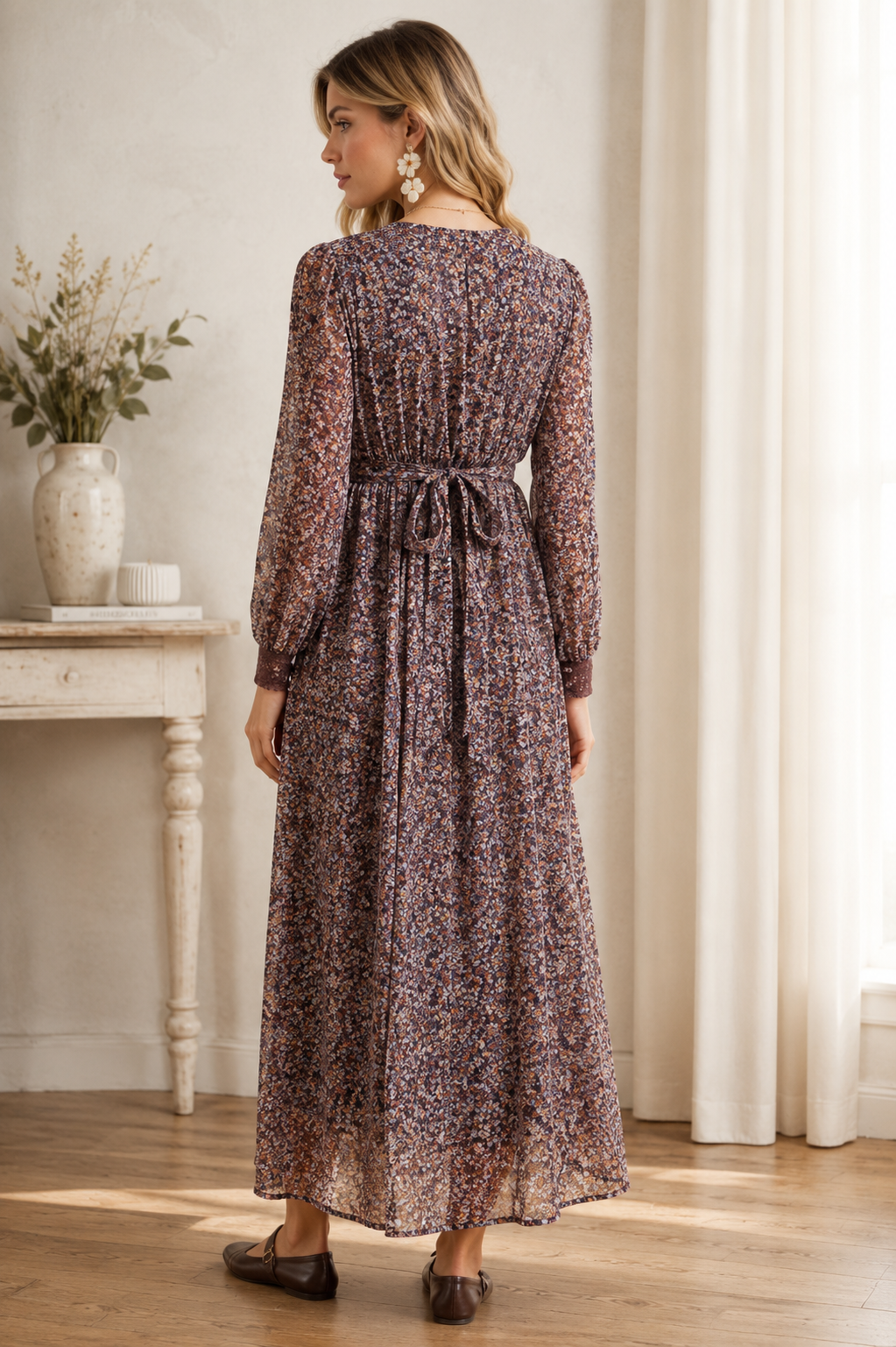 The Abigail Floral Lace Maxi Dress | Romantic Long Sleeve Button Front Dress