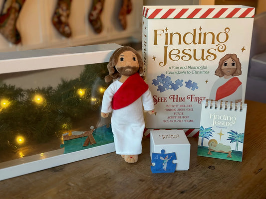 Finding Jesus 24-day Christian Christmas countdown activity set with plush Jesus doll Scripture book and puzzle