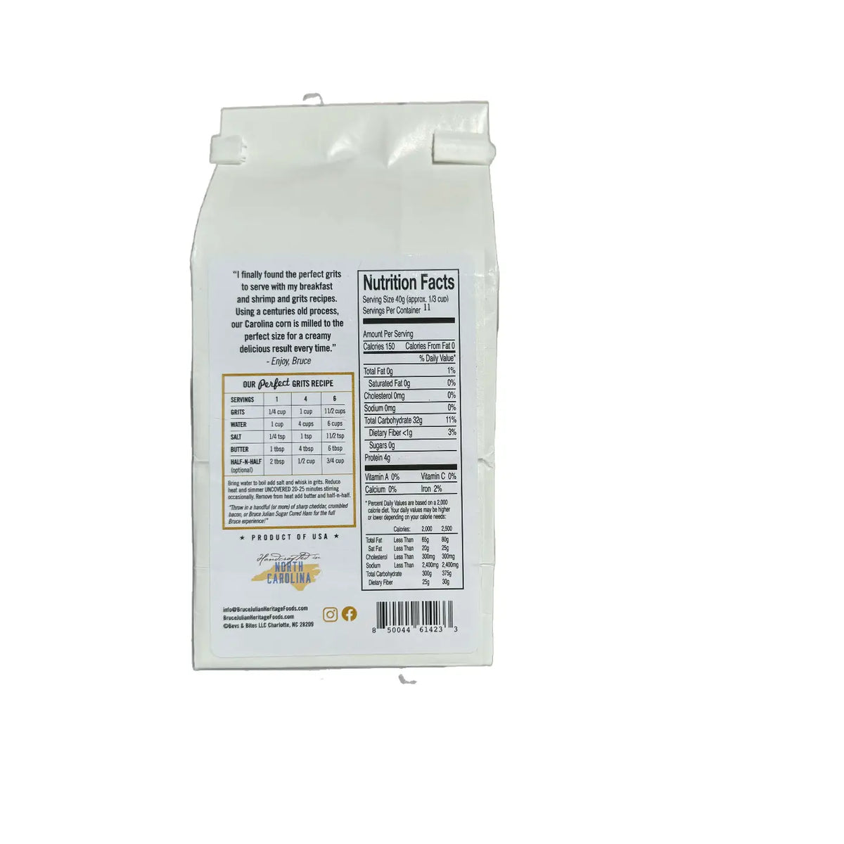 Back of Bruce Julian Stone Ground Grits with cooking directions and nutrition facts