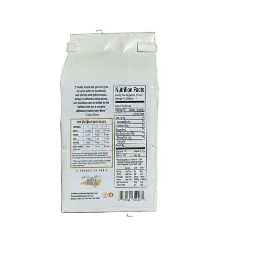 Back of Bruce Julian Stone Ground Grits with cooking directions and nutrition facts