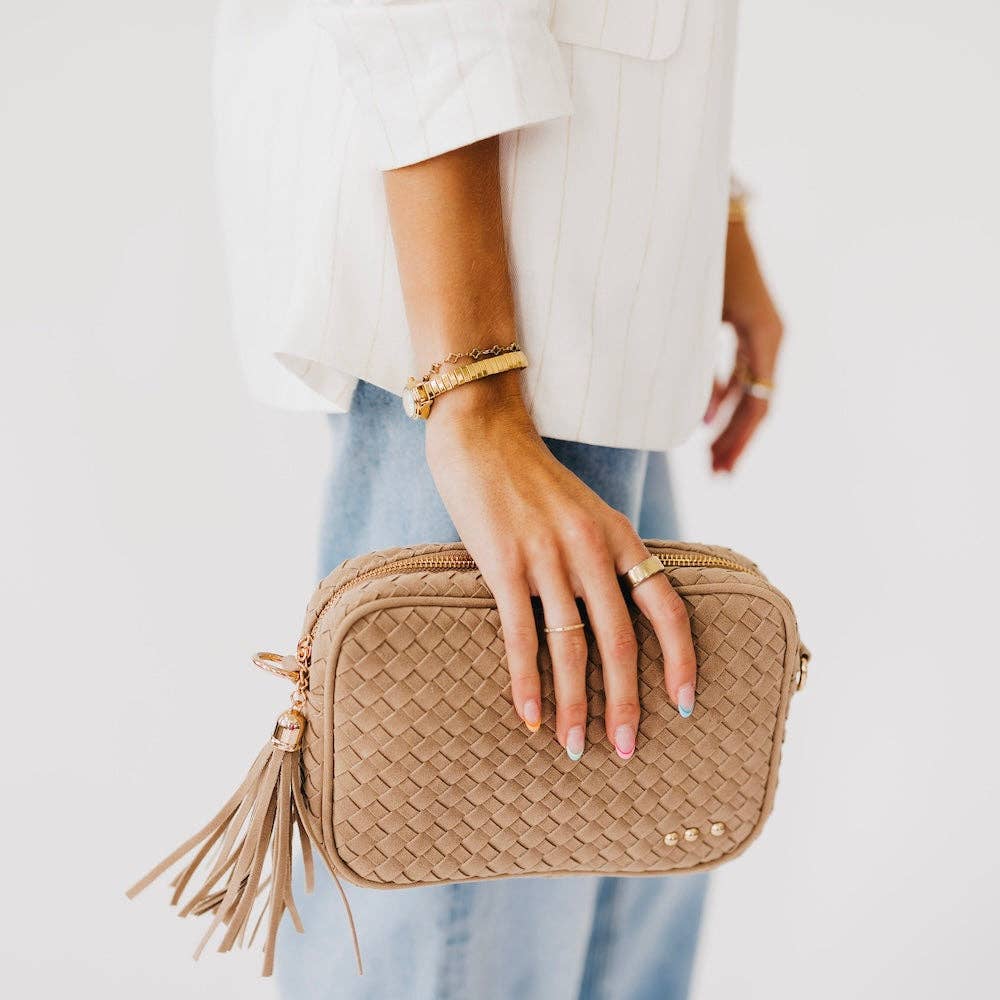 Willow Woven Suede Camera Crossbody Bag – Camel