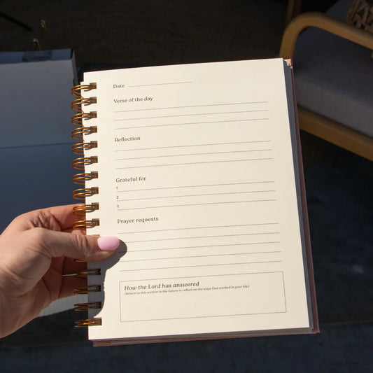 Guided Christian prayer journal page with Scripture, reflection, gratitude, and prayer request sections