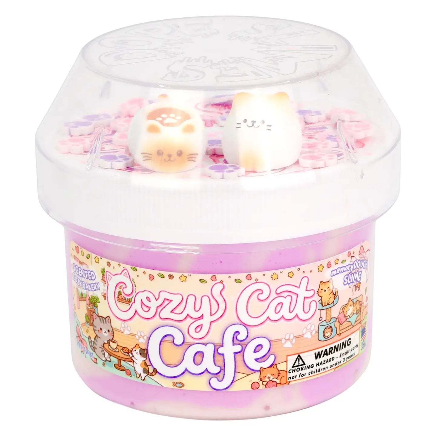 Dope Slimes Cozy Cat Cafe bakery scented memory dough slime with cute cat charms and paw print sprinkles