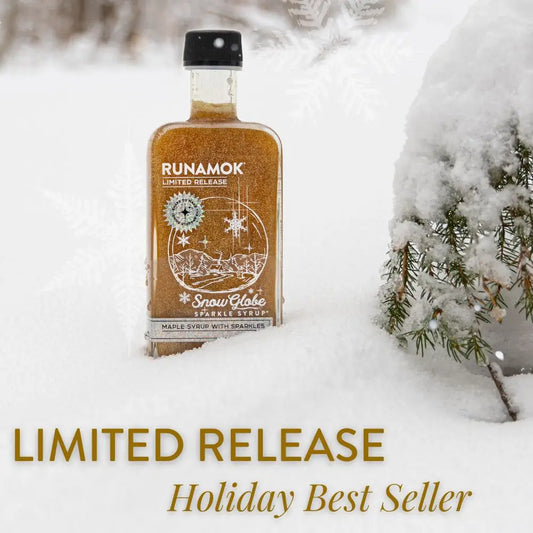 Runamok Snow Globe Sparkle Maple Syrup with edible gold shimmer