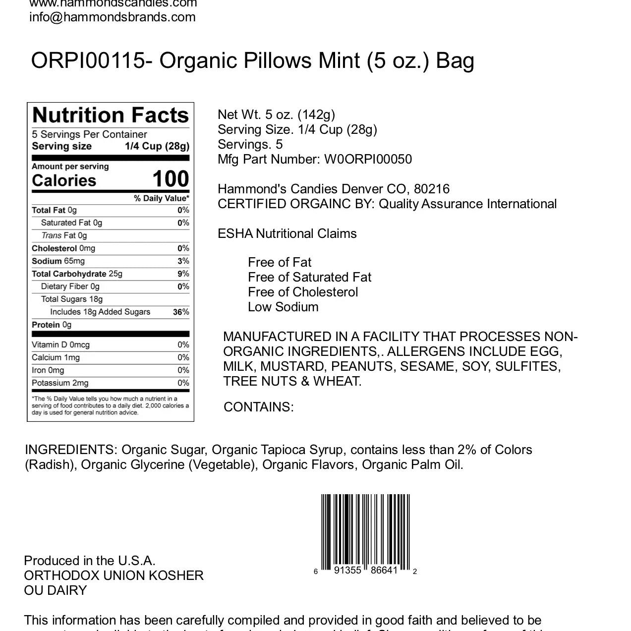 Peppermint Organic Classic Candy - Pillows 5oz Gift Bag