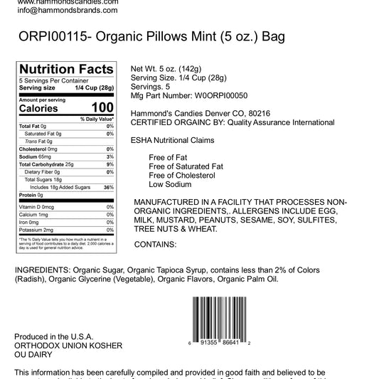 Peppermint Organic Classic Candy - Pillows 5oz Gift Bag