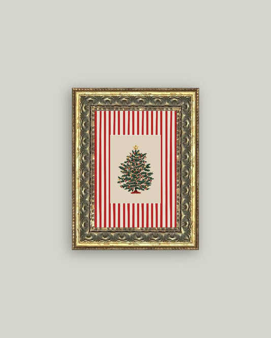 Peppermint Stripe Tree Framed Antique Art: 5x7