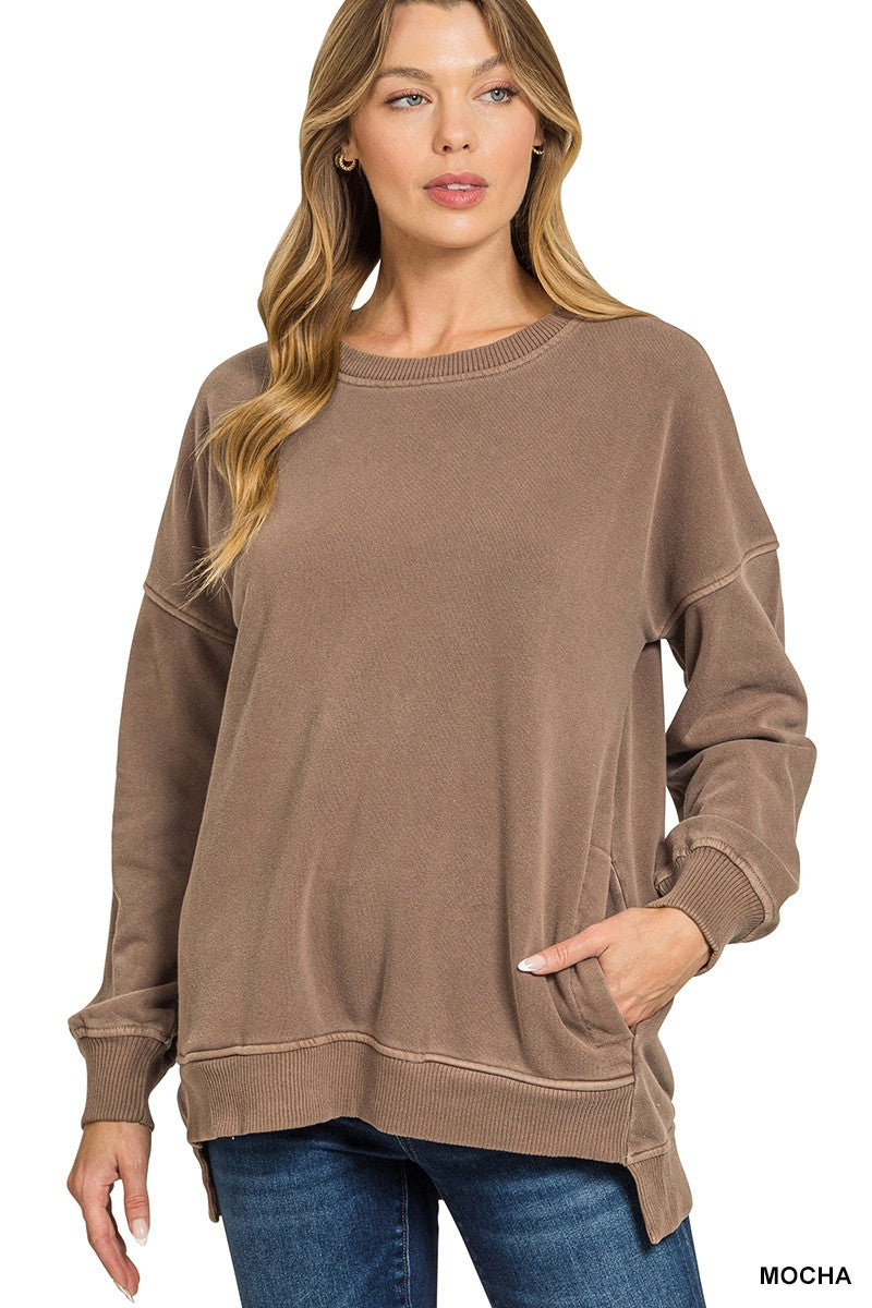 Front view of the Hadley women’s Washed Mocha pigment-dyed crewneck sweatshirt