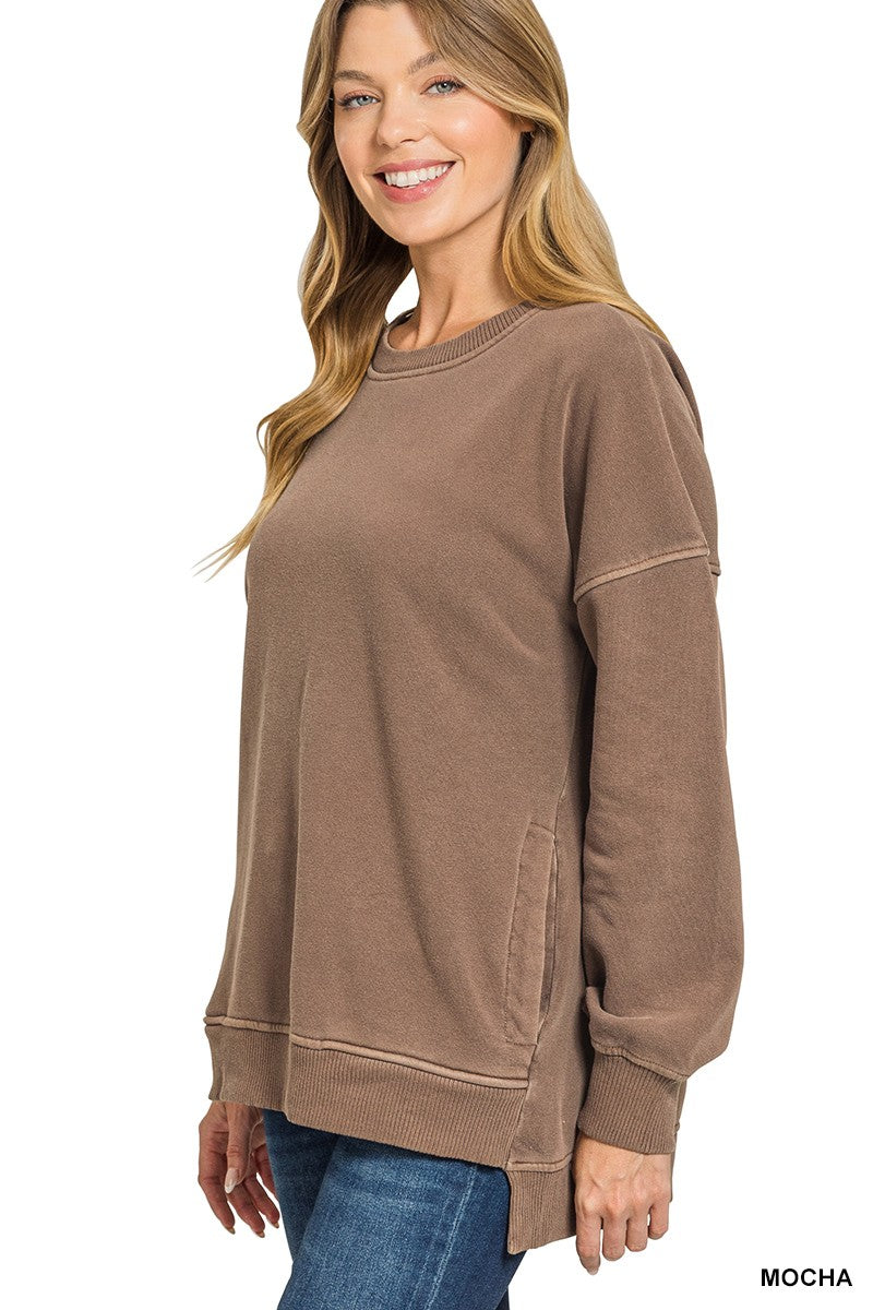 Side view of the Hadley Washed Mocha oversized pullover with a hi-low hem, side slit, and pocket