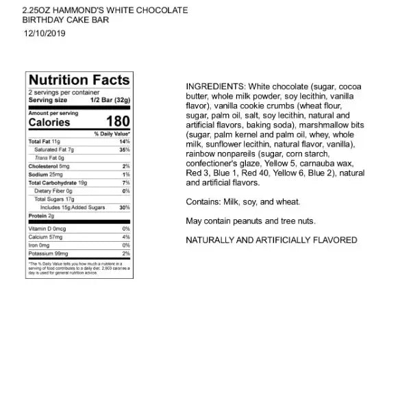 Hammond’s Birthday Cake white chocolate bar nutrition facts ingredients and allergen information