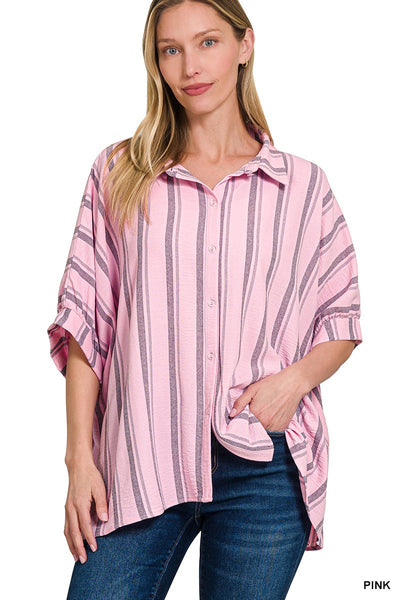 Coastal Breeze Stripe Oversized Button Down Shirt