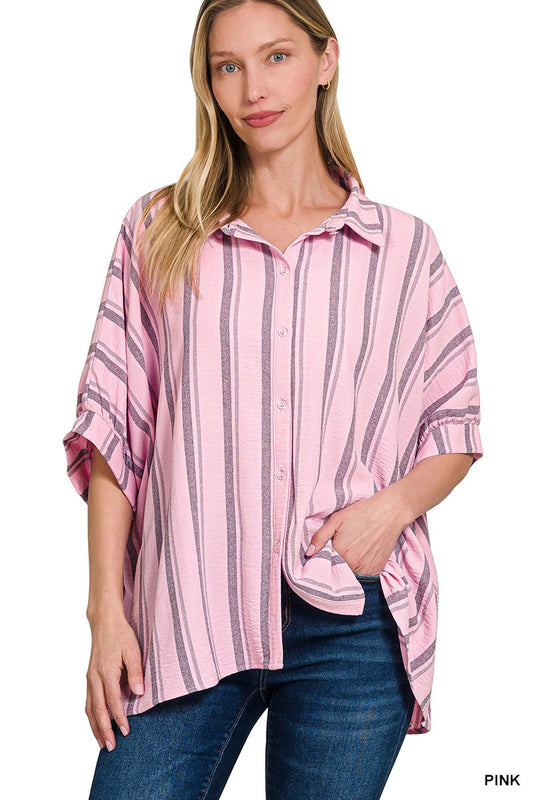 Coastal Breeze Stripe Oversized Button Down Shirt