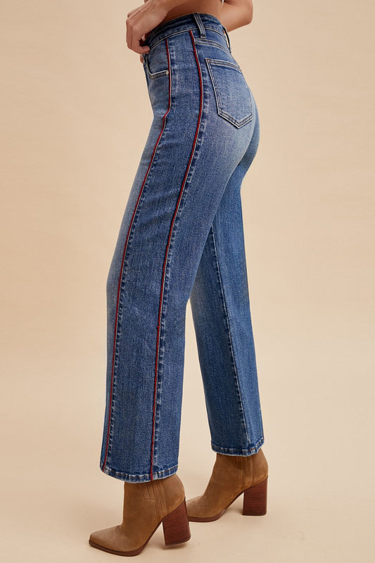 The Tatum women’s red stripe wide leg cropped jeans in medium wash denim
