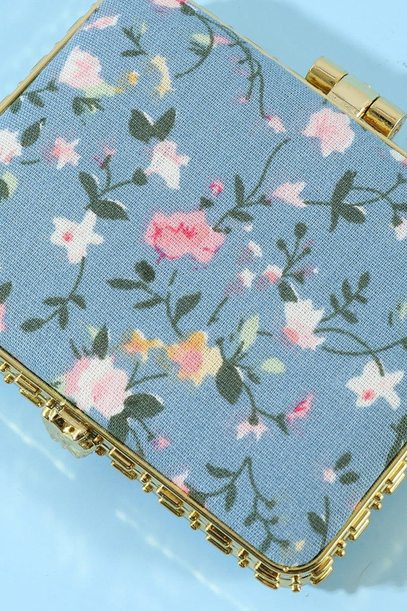 Petal Keepsake blue floral folding makeup mirror with decorative gold-tone edging