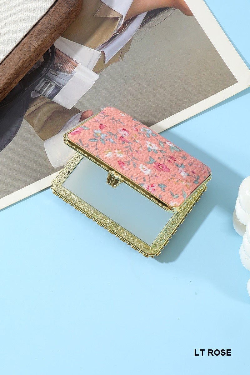 Petal Keepsake double-sided compact mirror with a Light Rose floral fabric cover and ornate gold-tone frame