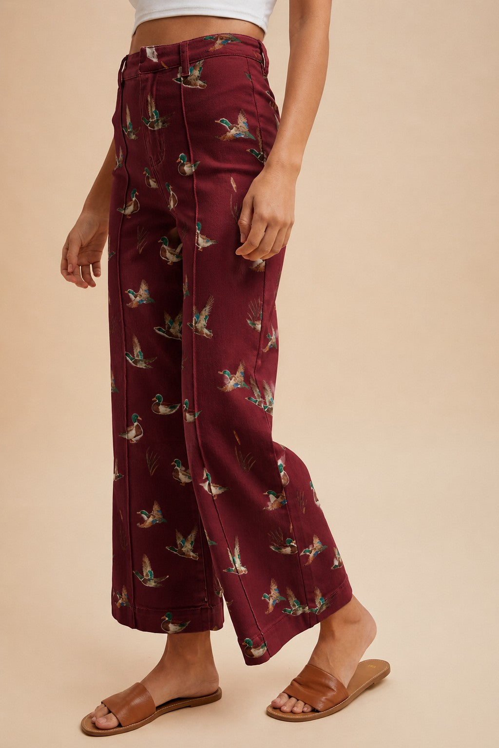Women’s burgundy mallard duck print high rise cropped wide leg pants
Shopify Tags