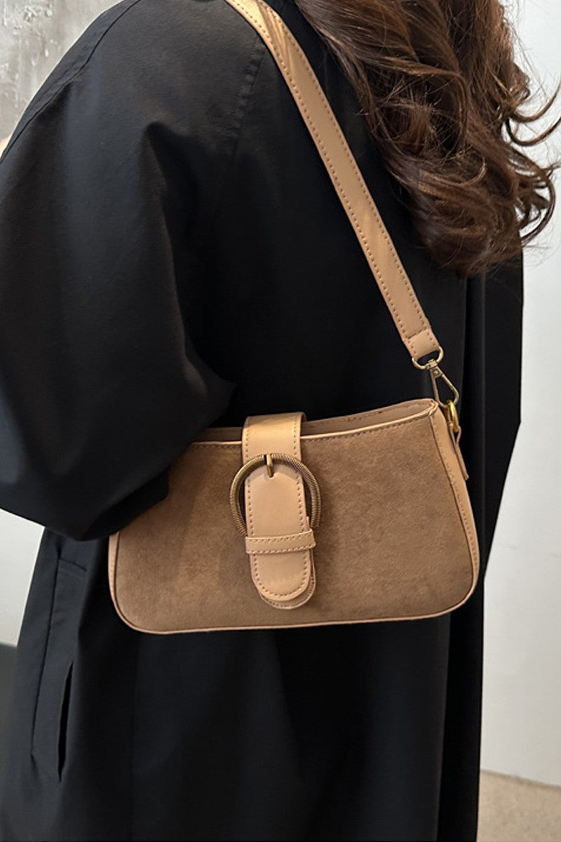 Camden suede buckle shoulder bag in Camel with gold-tone hardware