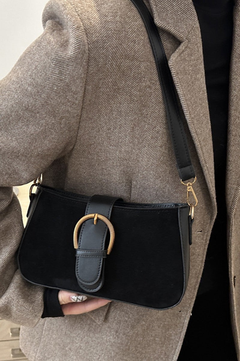 Camden suede buckle shoulder bag in Black with gold-tone hardware