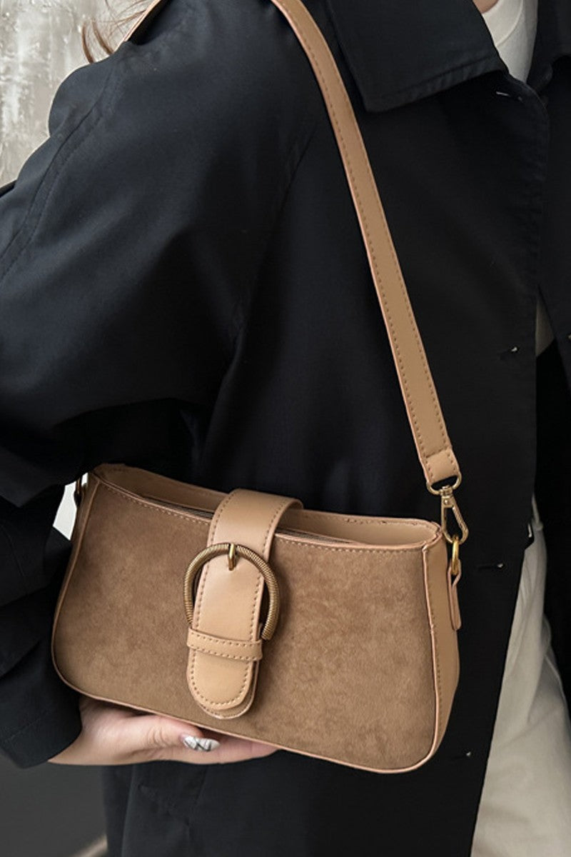Camel suede and vegan leather women’s shoulder purse with retro buckle