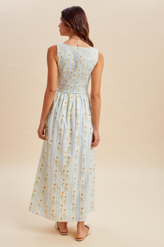 Cottagecore Blue Floral Cotton Maxi Dress