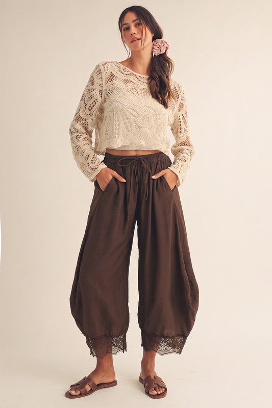 Women's chocolate brown boho barrel pants with lace hem and wide balloon leg