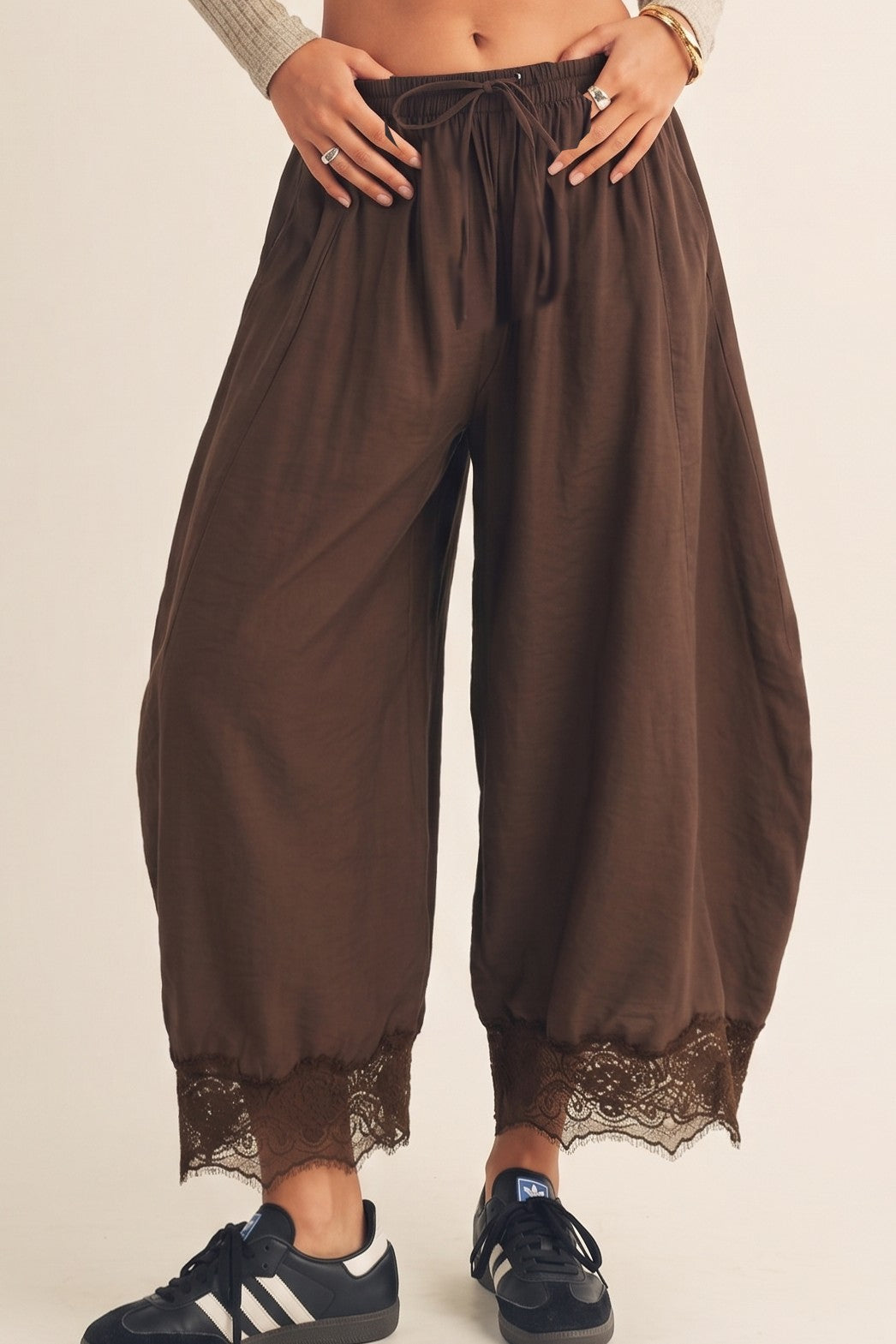 Chocolate brown lace trim barrel pants with drawstring waist and balloon leg