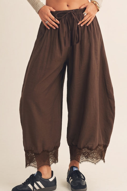 Chocolate brown lace trim barrel pants with drawstring waist and balloon leg