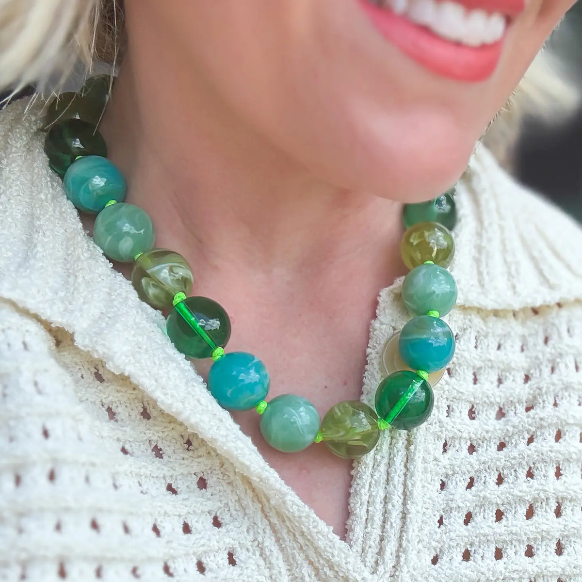Judy green chunky beaded statement necklace with oversized resin beads