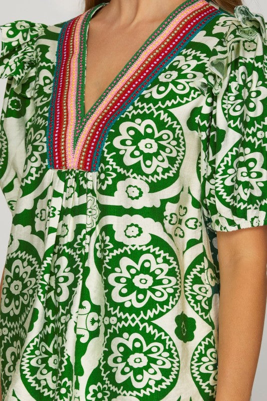 Emerald Mosaic Puff Sleeve Top