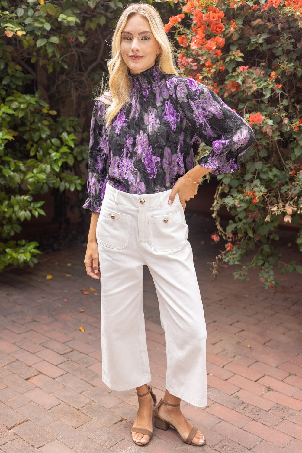 Women's purple and black floral smocked high neck puff sleeve blouse
