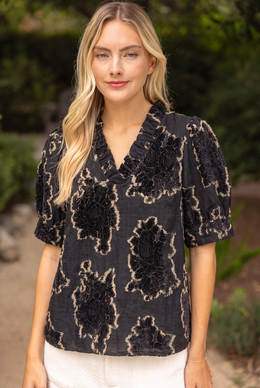 The Madeline Black Velvet Floral Blouse