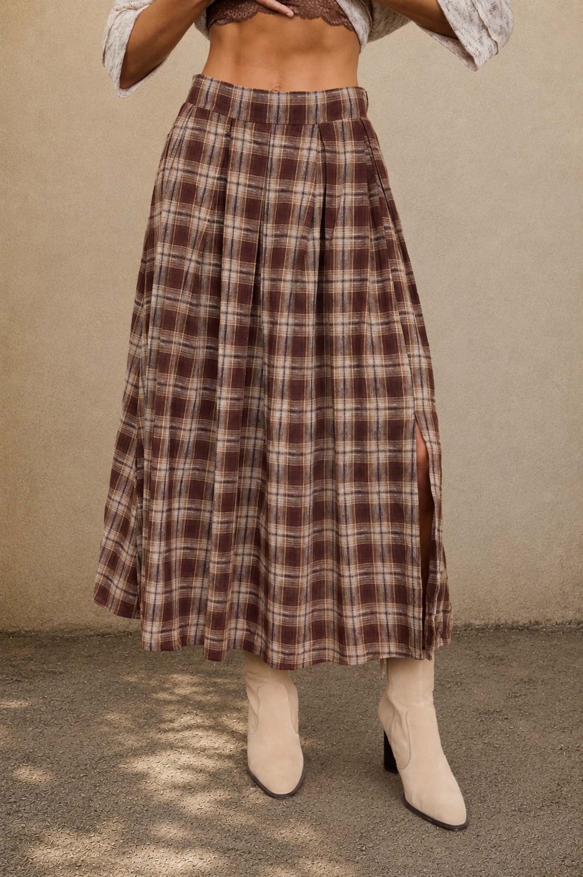 The Sutton Plaid Pleated Midi Skirt